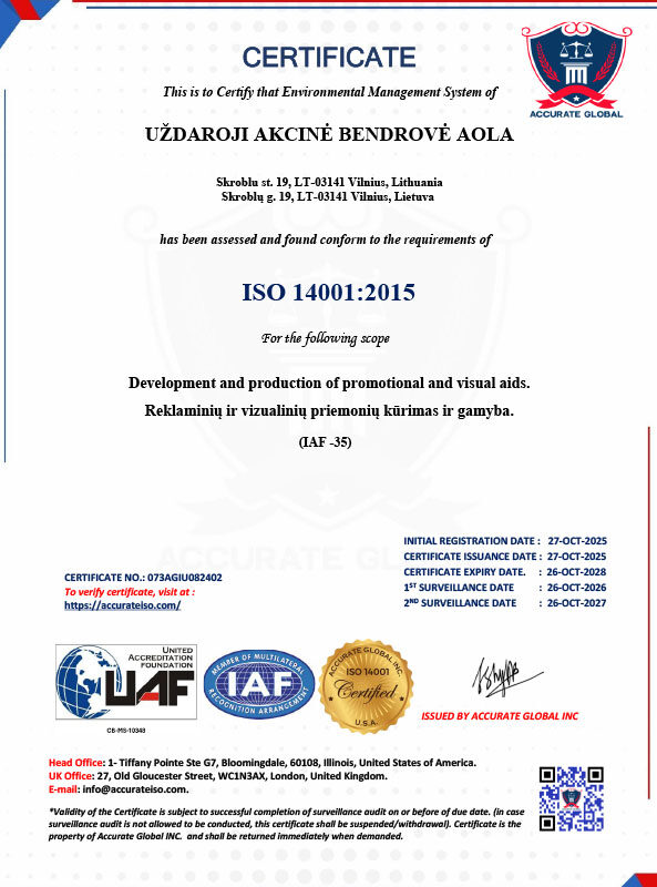 ISO 14001 - Uždaroji akcinė bendrovė _AOLA_ ISO 14001 - Uždaroji akcinė bendrovė _AOLA_